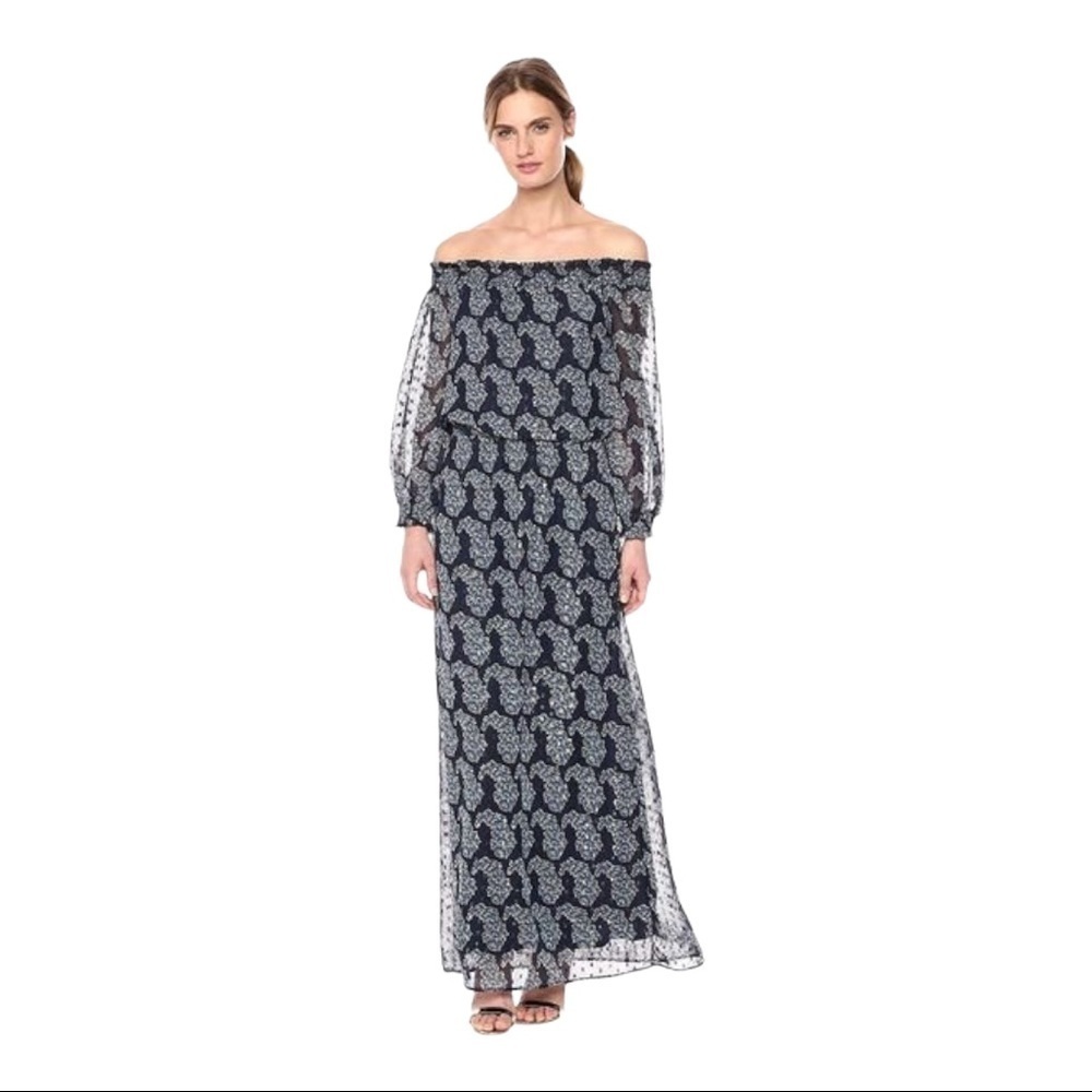 Taylor Off-Shoulder Printed Chiffon Maxi Dress Navy Size 8